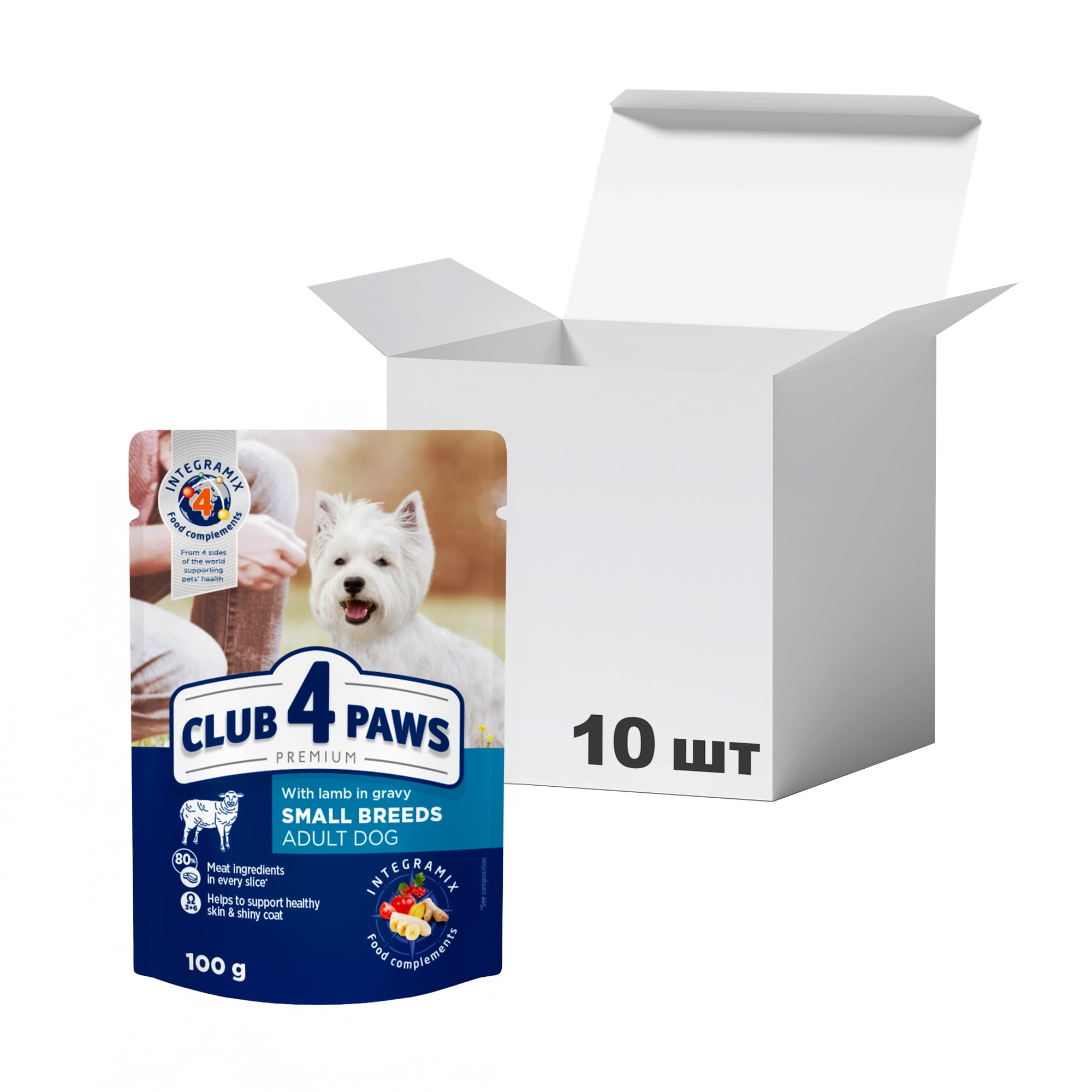 Упаковка вологого корму для дорослих собак малих порід Club 4 Paws Premium з ягням в соусі, 100 г * 10 шт